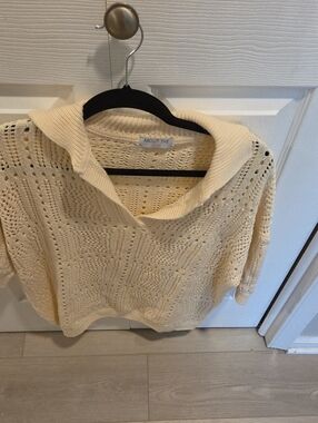 Cream Collared Pointelle V-Neck Sweater